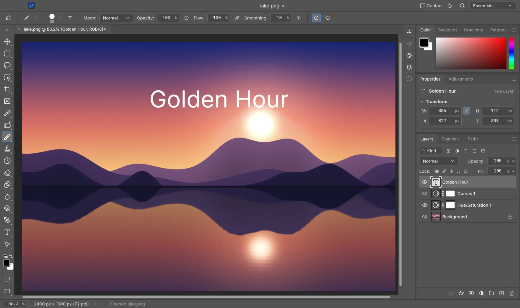 SynPhoto with a lake photo open and the Layers panel showing adjustment and type layers.