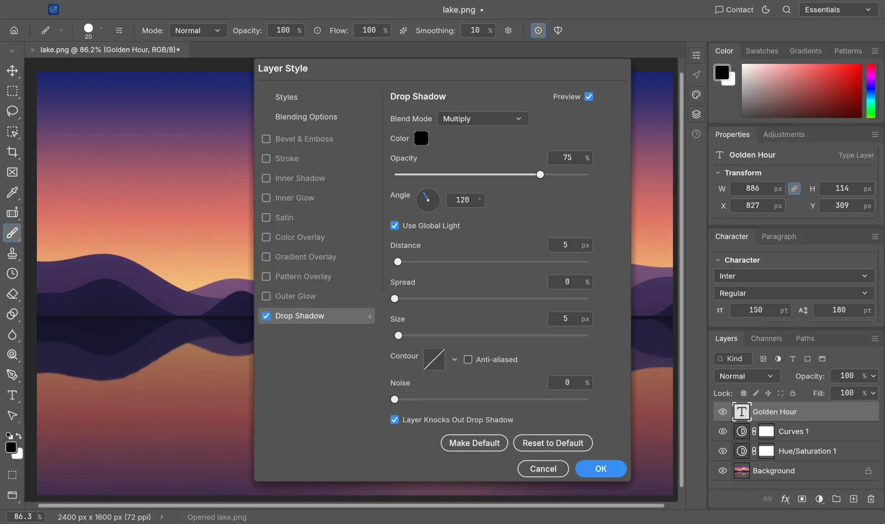 SynPhoto's Layer Style dialog with Drop Shadow settings for the Golden Hour title.